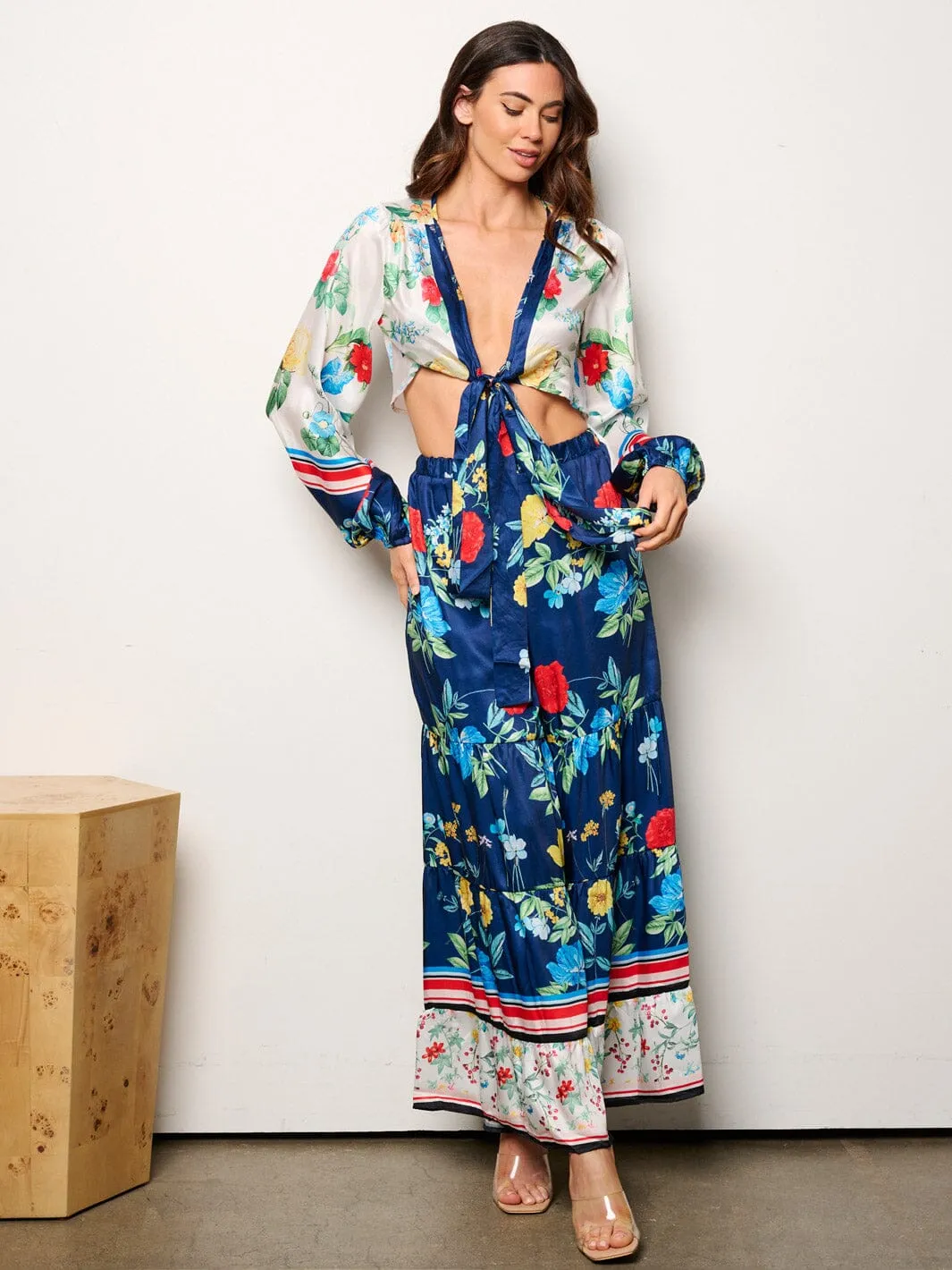 WOMEN'S LONG SLEEVE CROP TOP & ELASTIC WAIST TIERED PANTS FLORAL 2PC. SET