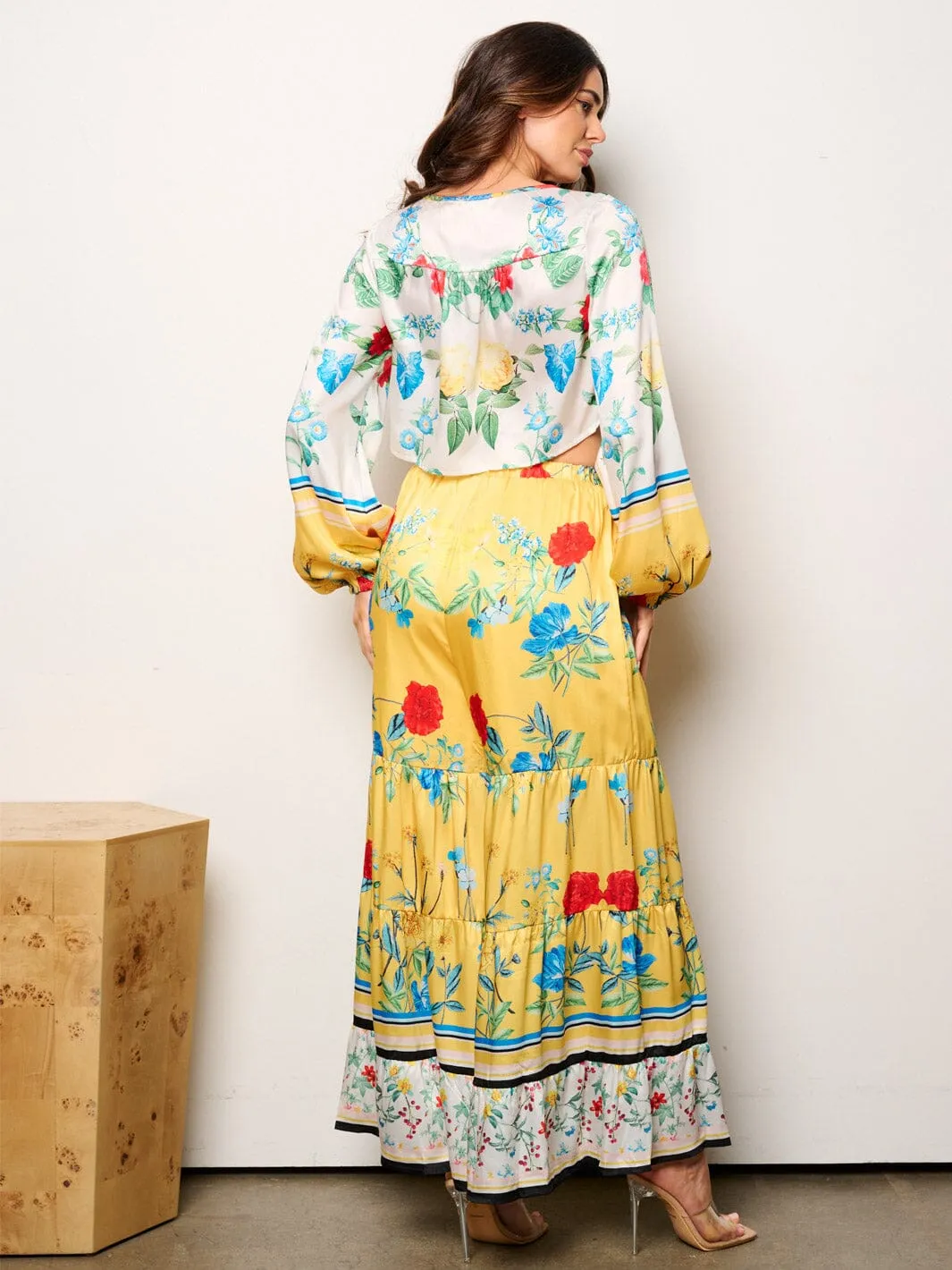 WOMEN'S LONG SLEEVE CROP TOP & ELASTIC WAIST TIERED PANTS FLORAL 2PC. SET