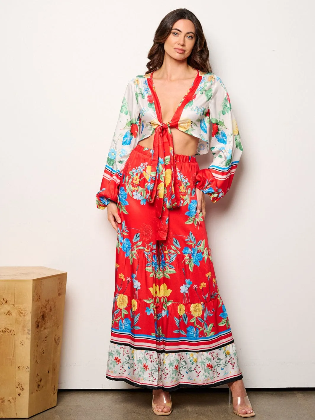 WOMEN'S LONG SLEEVE CROP TOP & ELASTIC WAIST TIERED PANTS FLORAL 2PC. SET