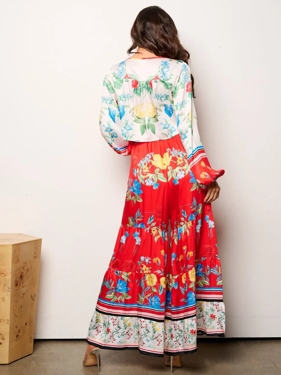 WOMEN'S LONG SLEEVE CROP TOP & ELASTIC WAIST TIERED PANTS FLORAL 2PC. SET