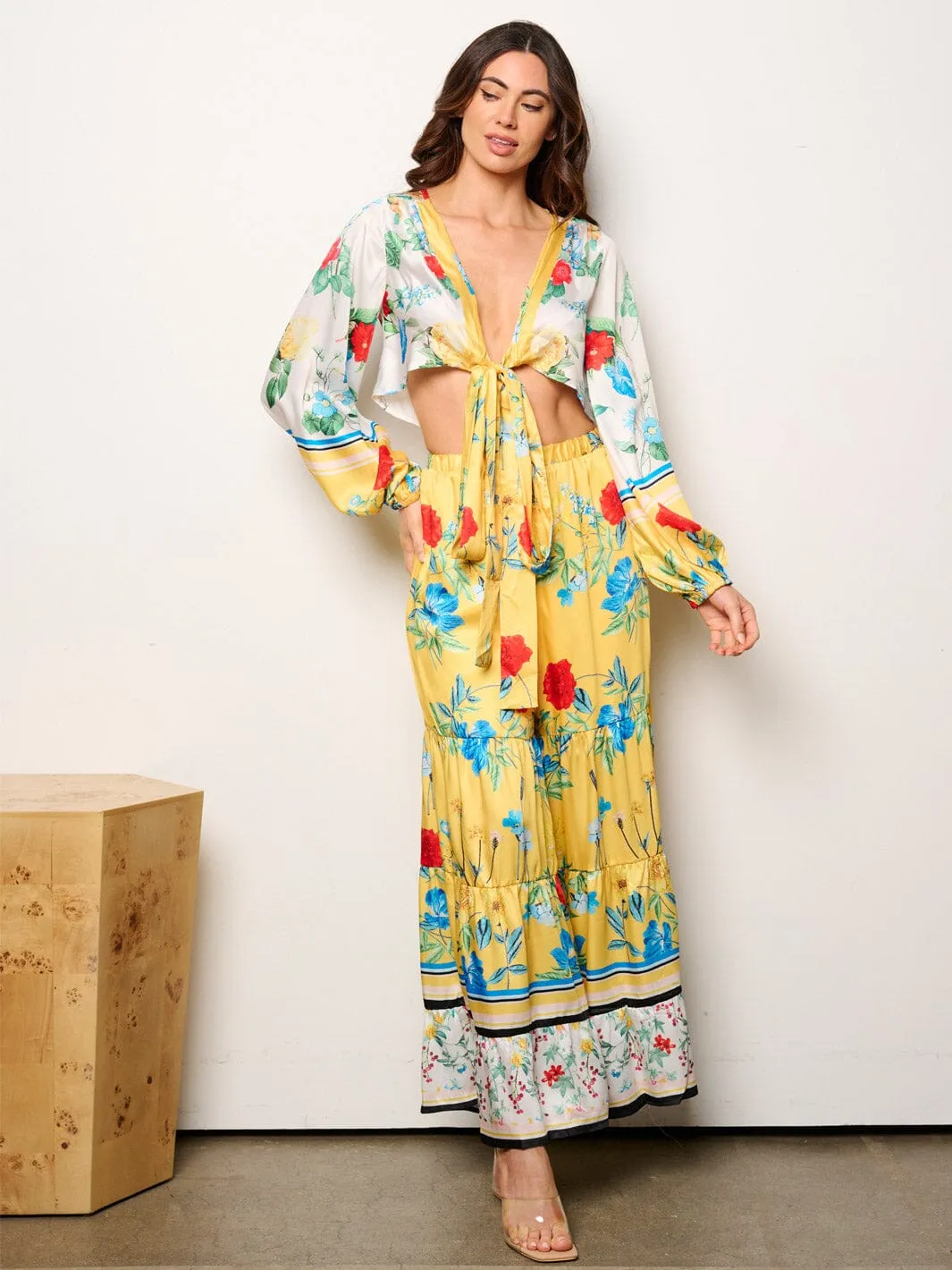 WOMEN'S LONG SLEEVE CROP TOP & ELASTIC WAIST TIERED PANTS FLORAL 2PC. SET