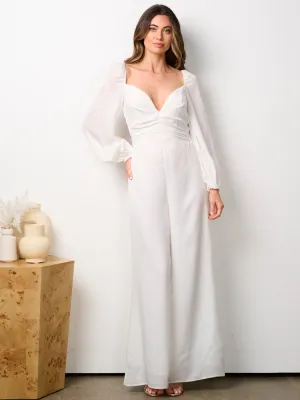 WOMEN'S LONG SLEEVE V-NECK WIDE LEG JUMPSUIT