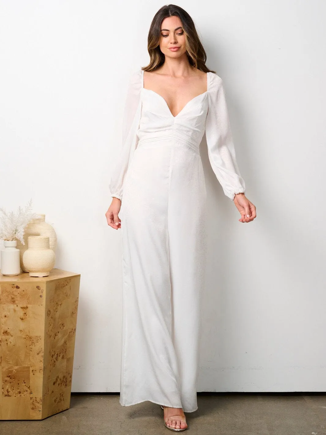 WOMEN'S LONG SLEEVE V-NECK WIDE LEG JUMPSUIT