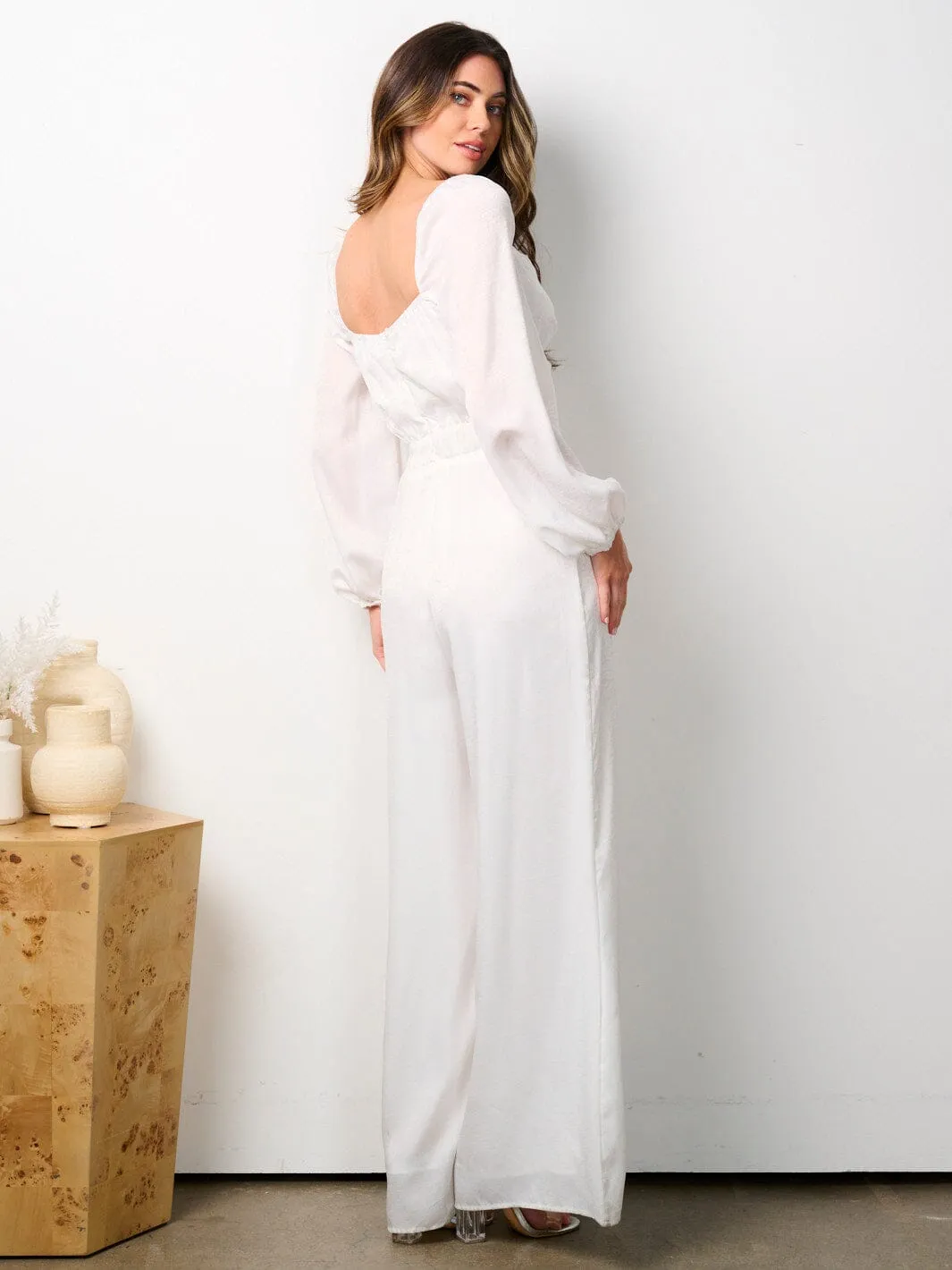 WOMEN'S LONG SLEEVE V-NECK WIDE LEG JUMPSUIT