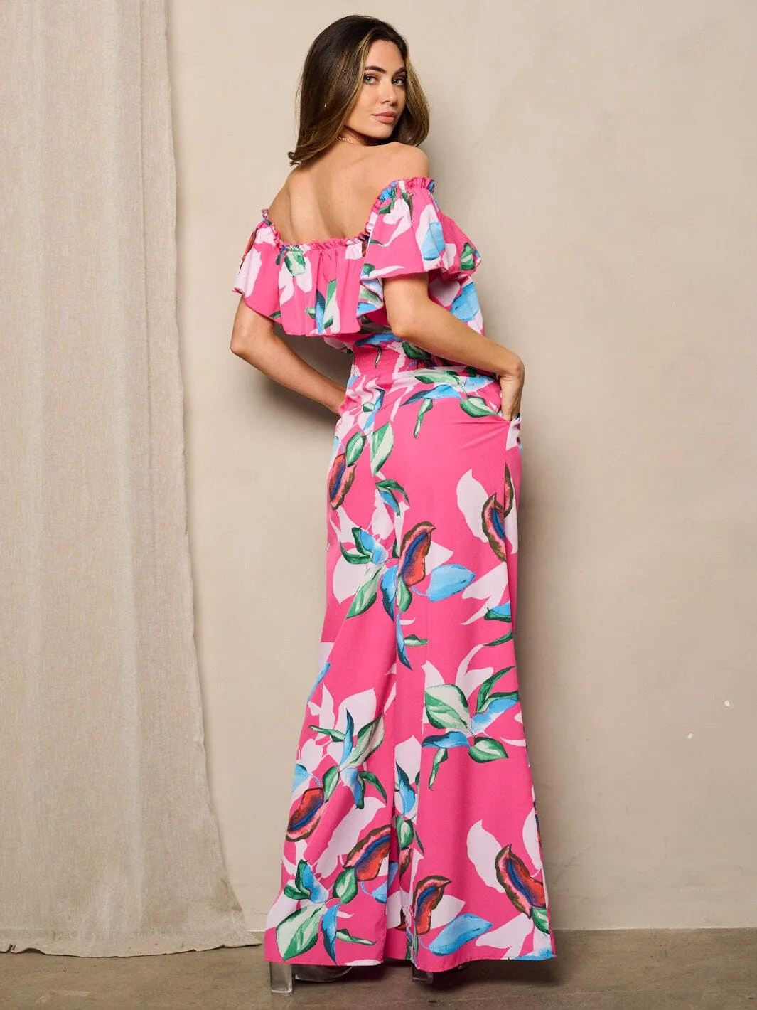 WOMEN'S OFF SHOULDER POCKETS WIDE LEG  FLORAL JUMPSUIT