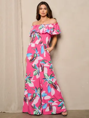 WOMEN'S OFF SHOULDER POCKETS WIDE LEG  FLORAL JUMPSUIT