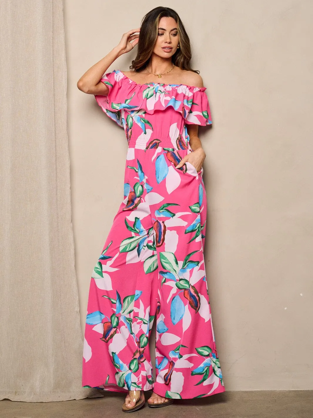 WOMEN'S OFF SHOULDER POCKETS WIDE LEG  FLORAL JUMPSUIT