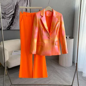 Women's One Button Orange Pantsuit Flare Pants Event Suit Two Pieces Formal Suits