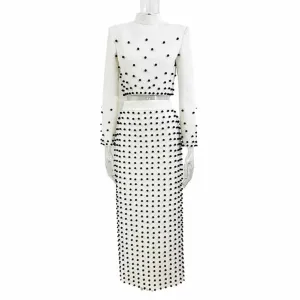 Women's Pearl Beaded Cocktail Skirt Suit White Two-Piece Long Skirt Suit