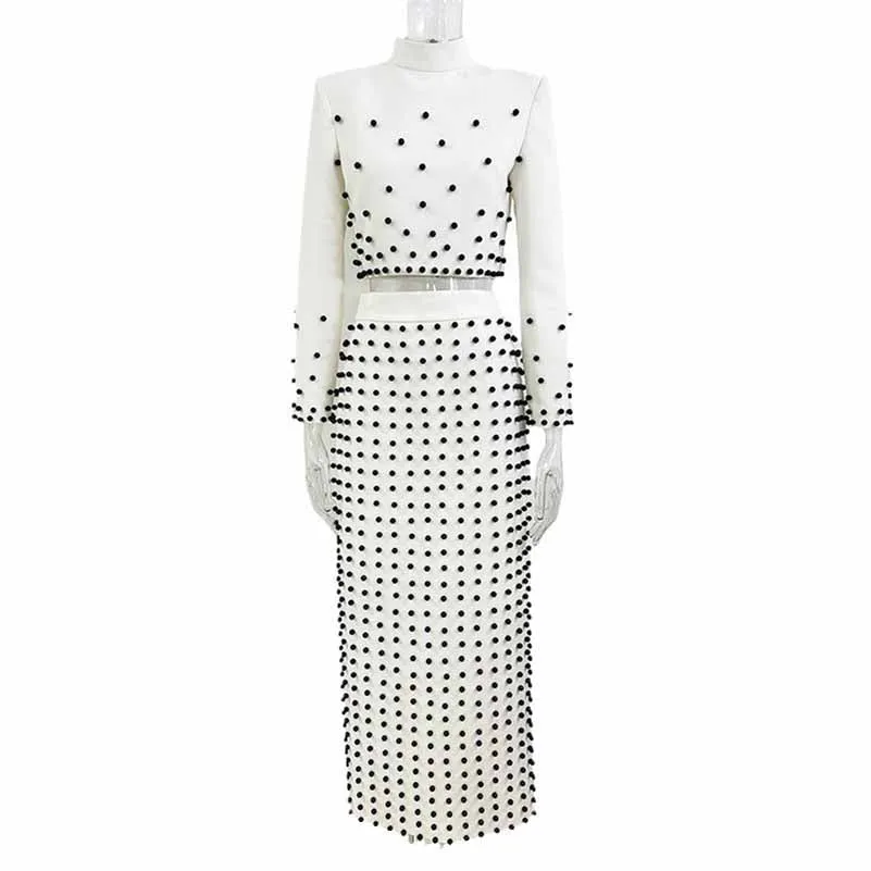Women's Pearl Beaded Cocktail Skirt Suit White Two-Piece Long Skirt Suit