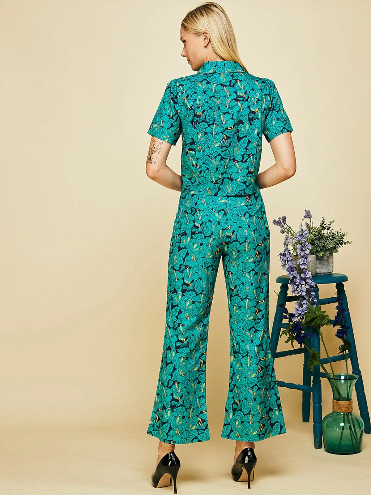 WOMEN'S SHORT SLEEVE BLOUSE TOP & WIDE LEG PANTS FLORAL 2PC SET