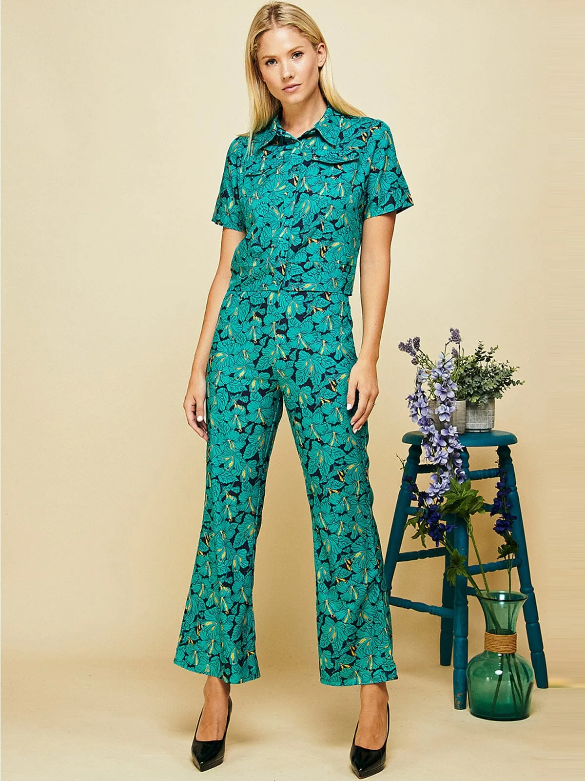 WOMEN'S SHORT SLEEVE BLOUSE TOP & WIDE LEG PANTS FLORAL 2PC SET