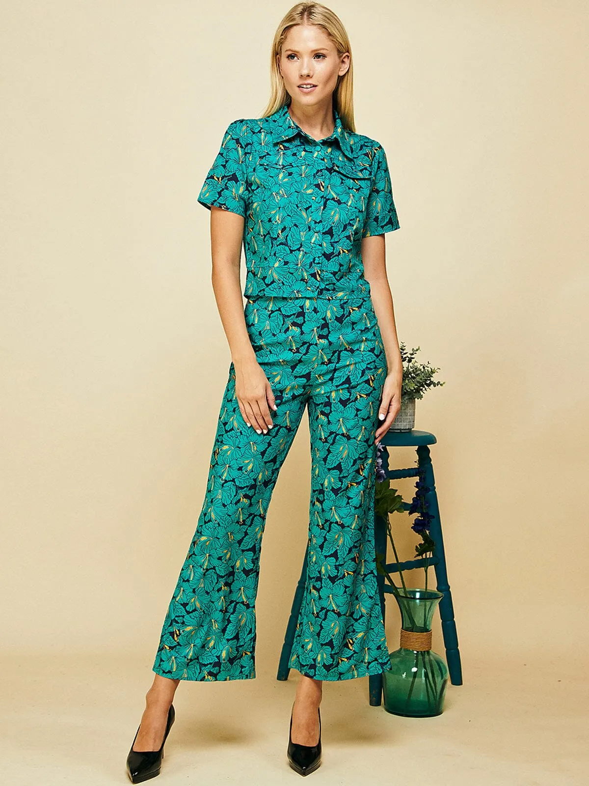 WOMEN'S SHORT SLEEVE BLOUSE TOP & WIDE LEG PANTS FLORAL 2PC SET