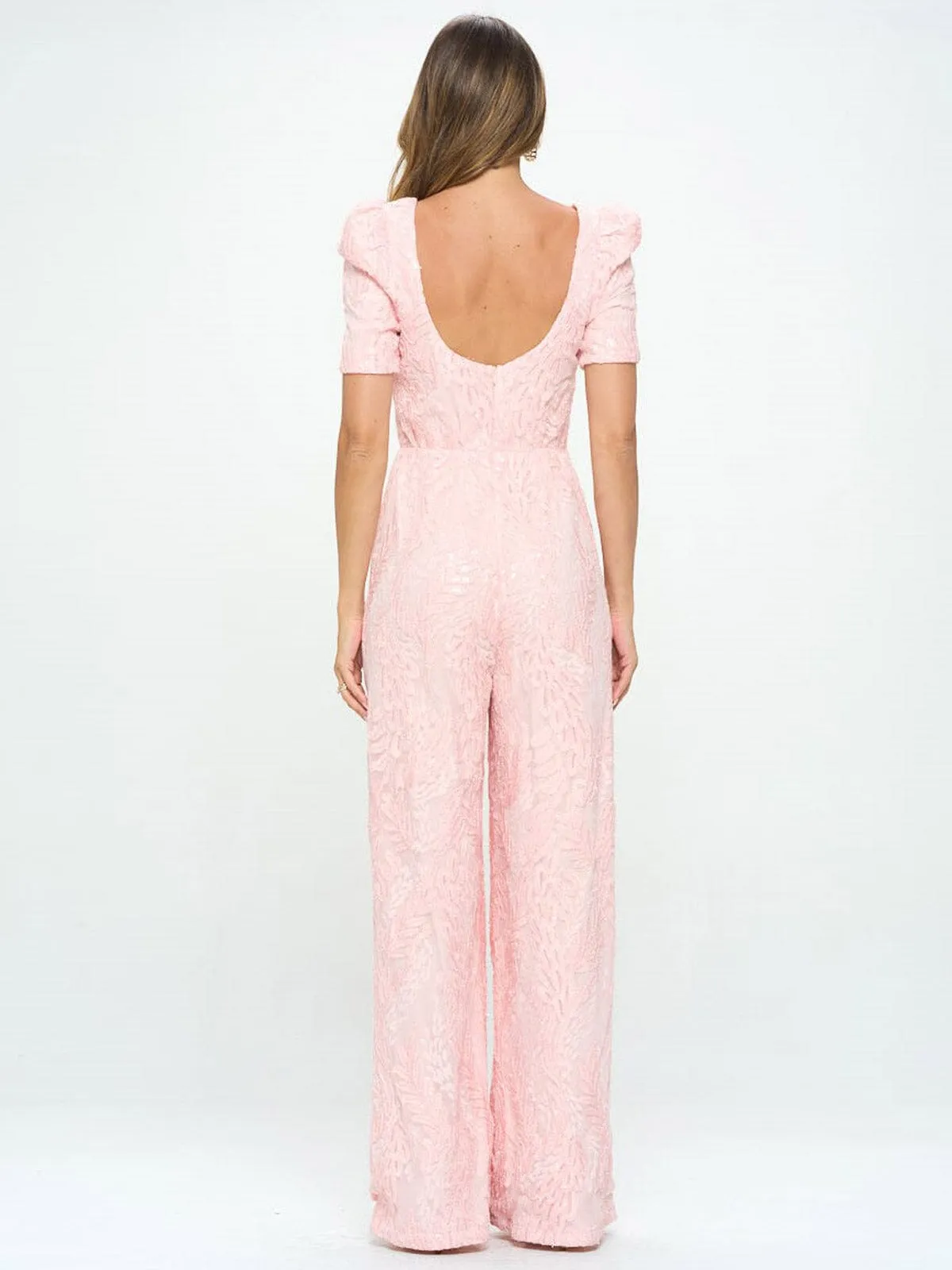 WOMEN'S SHORT SLEEVE SQUARE NECK DETAILED WIDE LEG JUMPSUIT