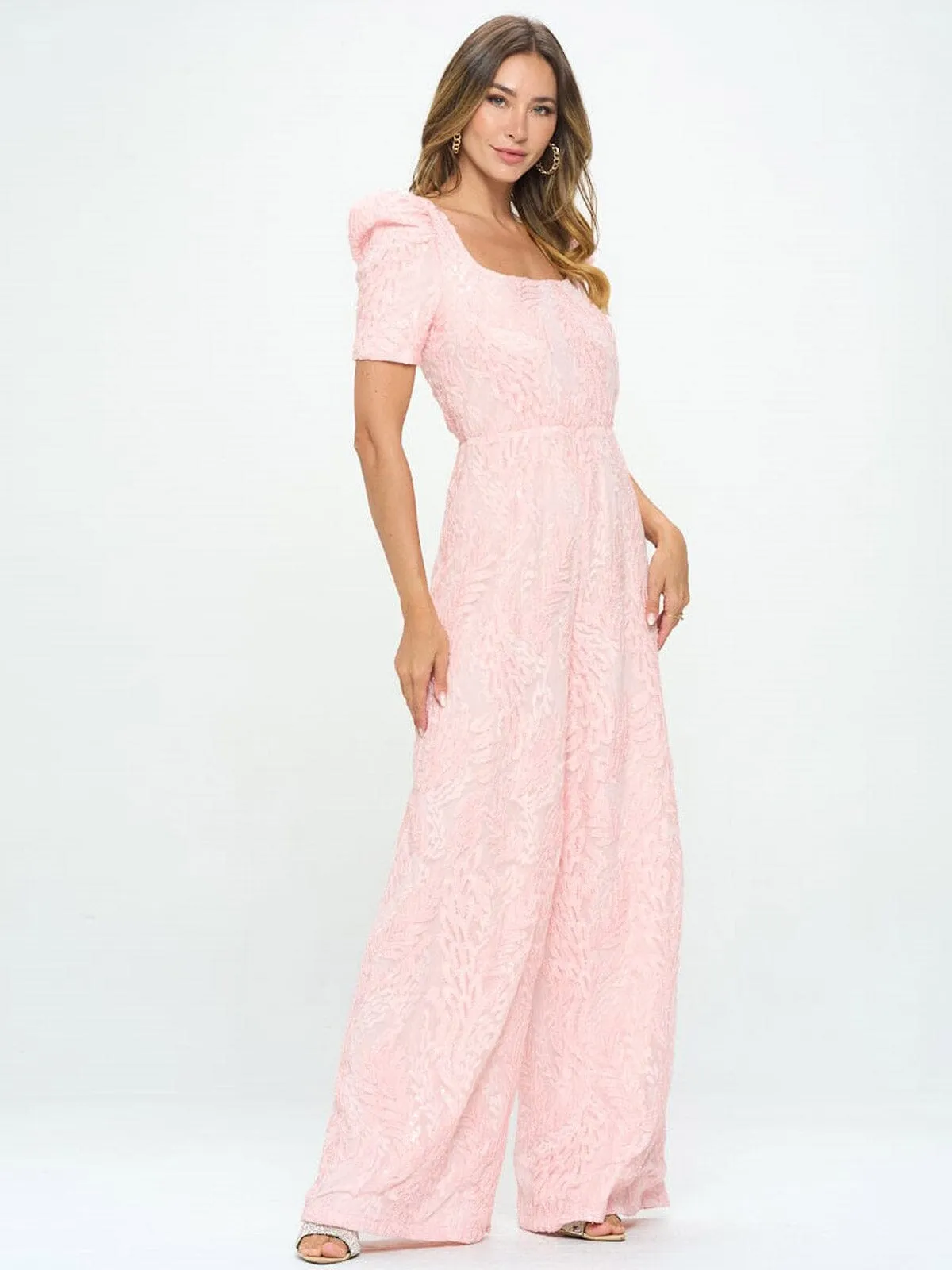 WOMEN'S SHORT SLEEVE SQUARE NECK DETAILED WIDE LEG JUMPSUIT