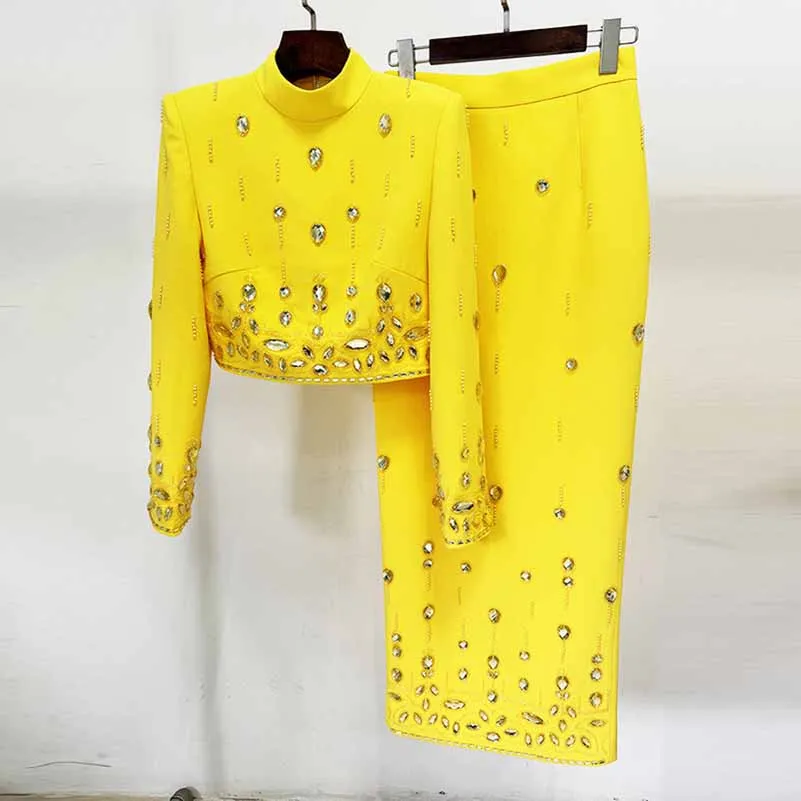 Women's Skirt Suit Fitted Beaded Long Sleeve Crop Top   Long Skirt Suit
