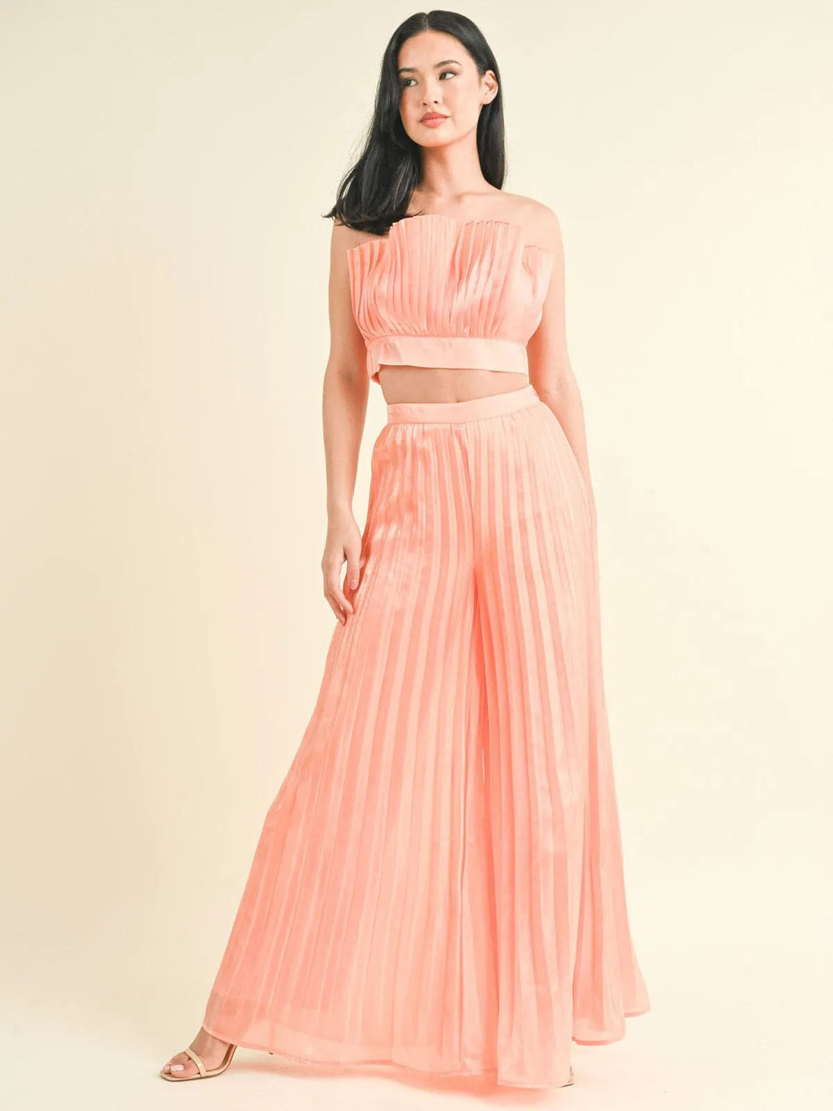 WOMEN'S SLEEVELESS CROP TOP & WIDE LEG PANTS PLEATED 2PC. SET