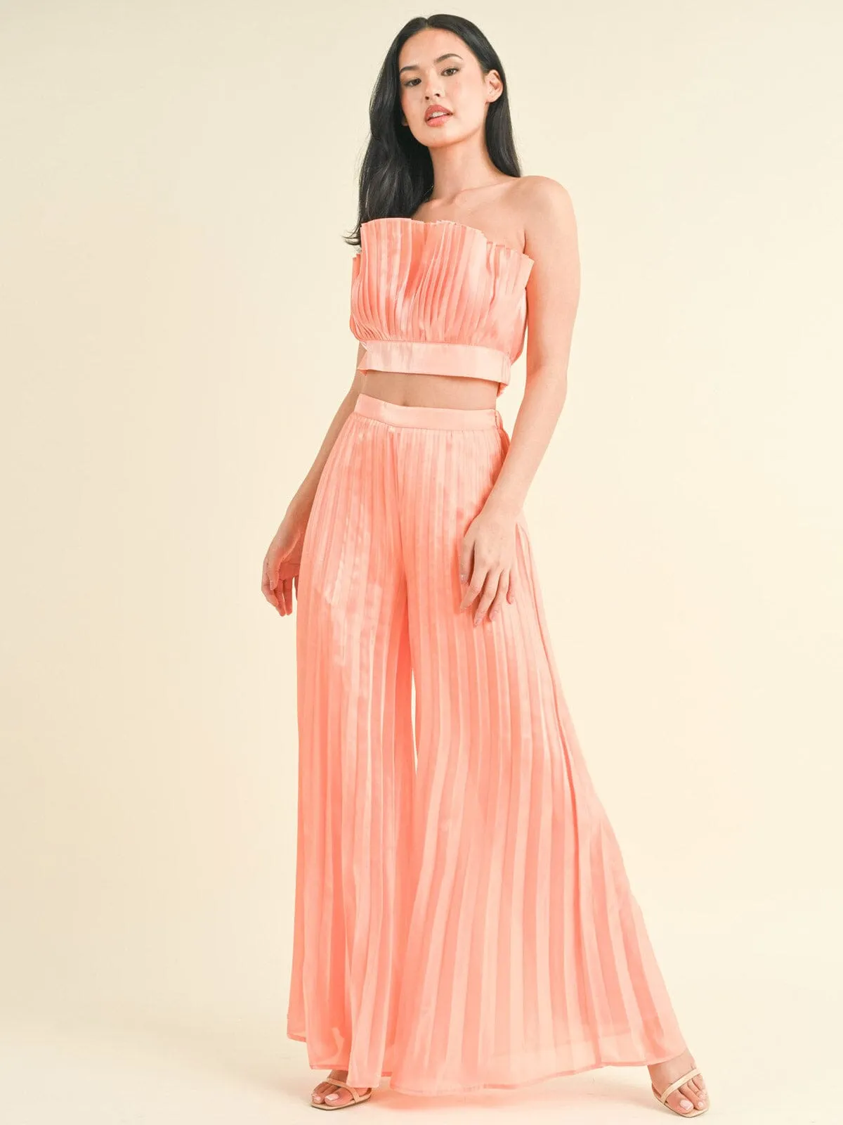 WOMEN'S SLEEVELESS CROP TOP & WIDE LEG PANTS PLEATED 2PC. SET
