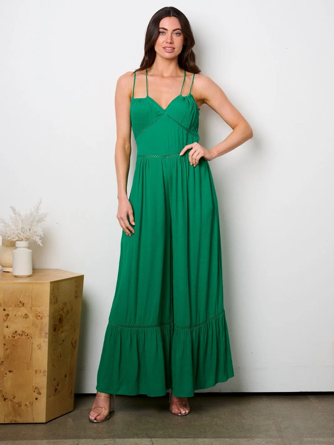 WOMEN'S SLEEVELESS OPEN BACK RUFFLE WIDE LEG JUMPSUIT
