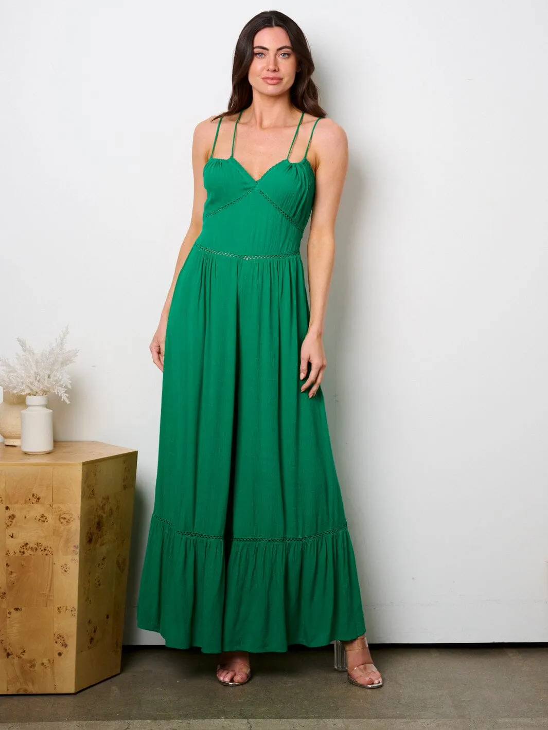 WOMEN'S SLEEVELESS OPEN BACK RUFFLE WIDE LEG JUMPSUIT