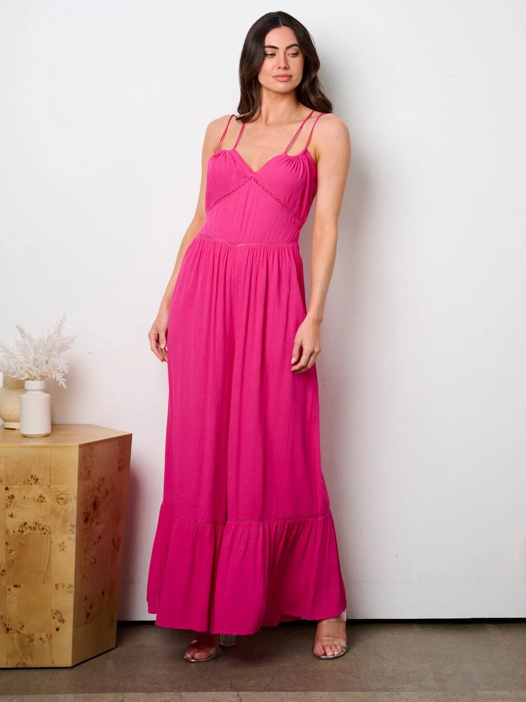 WOMEN'S SLEEVELESS OPEN BACK RUFFLE WIDE LEG JUMPSUIT