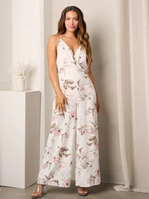 WOMEN'S SLEEVELESS SURPLICE OPEN BACK FLORAL JUMPSUIT