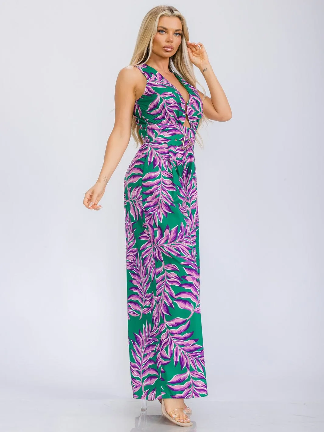 WOMEN'S SLEEVELESS V-NECK BELTED LEAF PRINT WIDE LEG JUMPSUIT