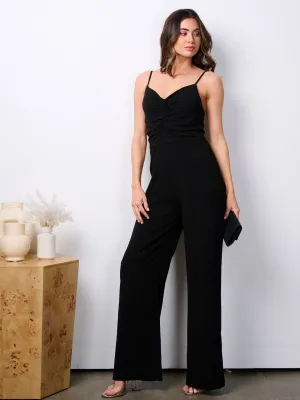 WOMEN'S SLEEVELESS V-NECK RUCHED FRONT WIDE LEG JUMPSUIT