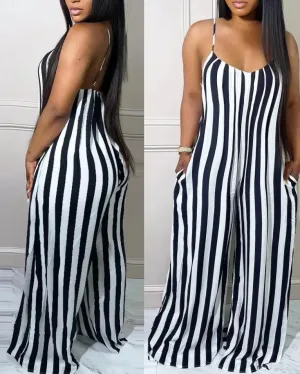 Women's Summer Jumpsuits Elegant Fashion Oversized Striped Pattern Spaghetti Strap Casual Wide Leg.