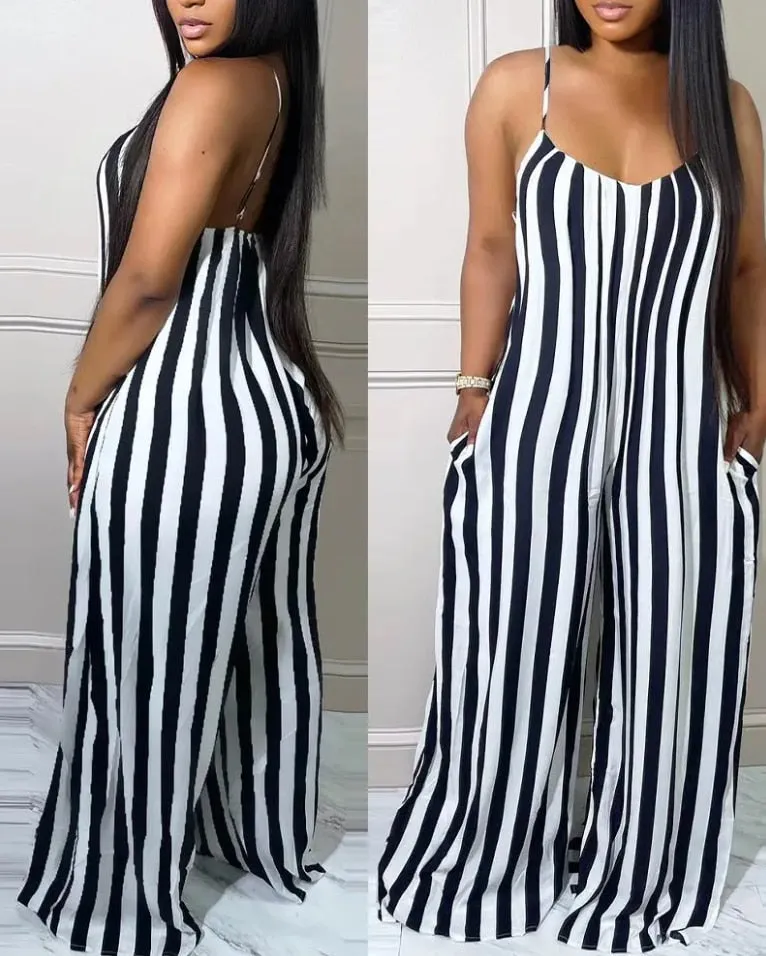 Women's Summer Jumpsuits Elegant Fashion Oversized Striped Pattern Spaghetti Strap Casual Wide Leg.