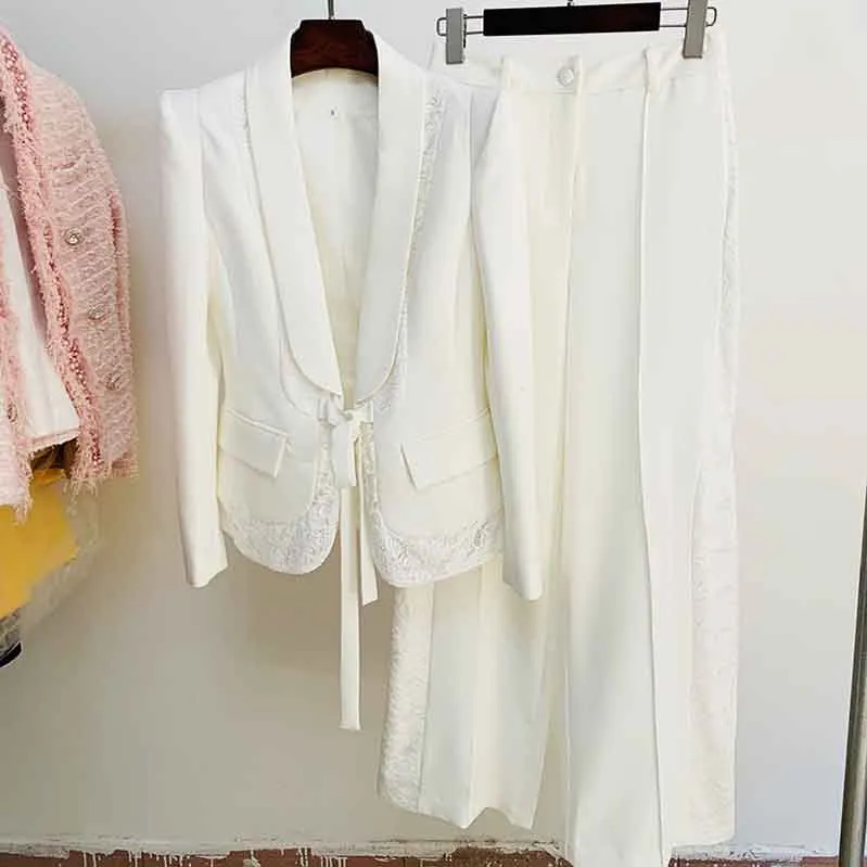 Women's White Pantsuit  High Waisted Flare Pants Suit Wedding Lace Up Suits