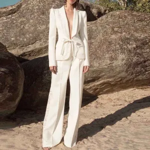 Women's White Pantsuit  High Waisted Flare Pants Suit Wedding Lace Up Suits